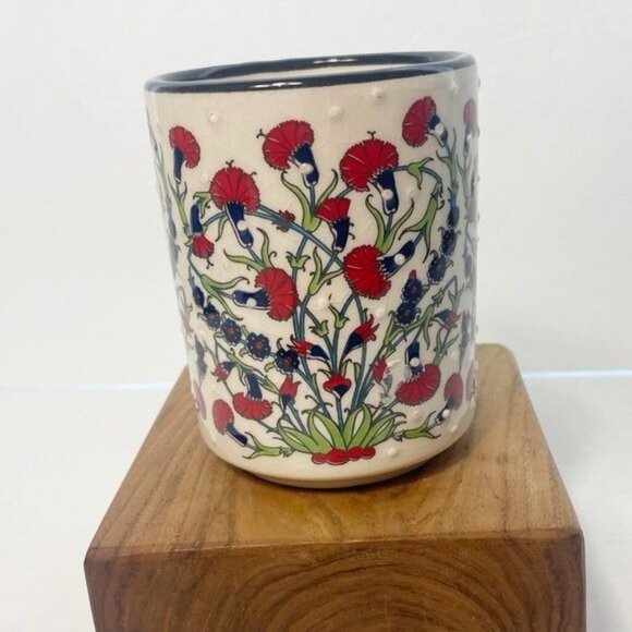 Artisan Nakkas Cini Turkish Ceramic Coffee Mug Floral Handpainted Green Red Blue - Picture 2 of 7